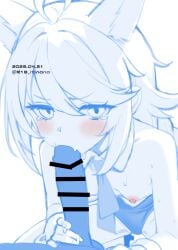 1boy 1girl ahoge animal_ear_fluff bar_censor blue_archive blue_theme blush breasts censored commentary_request dated detached_collar erection fellatio grabbing_another's_penis hetero highres itinana leotard long_hair looking_at_viewer nipples oral otogi_(blue_archive) penis pov simple_background small_breasts solo_focus tearing_up twitter_username white_background wrist_cuffs