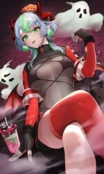 1girl alternate_color bikini black_bikini black_gloves breasts crossed_legs demon_girl demon_horns ear_piercing fingerless_gloves ghost gloves green_hair hair_ornament highres hitsuji_(sheepsb22) horns medium_breasts multicolored_hair multiple_horns piercing pointy_ears red_shrug red_thighhighs short_hair short_hair_with_long_locks shrug_(clothing) sidelocks smile solo streaked_hair swimsuit thighhighs tongue tongue_out virtual_youtuber x_hair_ornament 1girls female indie_virtual_youtuber vtuber froot big_breasts large_breasts breasts_apart underboob cleavage slim_waist waist narrow_waist hips wide_hips thick_thighs thighs thick thick_hips pale_skin pale-skinned_female see-through see-through_clothing