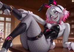 ai_generated dreamheat 1girls solo female riot_games league_of_legends briar_(league_of_legends) multicolored_hair gradient_hair grey_body grey_hair pink_hair fake_animal_ears fake_bunny_ears bunnysuit cafe bar pointy_ears elf_ears pink_sclera no_pupils grey_eyes breasts medium_breasts bunny_tail bunny_ears fishnets thigh_strap open_mouth fangs lying_on_table legs_up