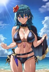 byleth_(fire_emblem)_(female) byleth_(summer)_(fire_emblem)_(female) bikini huge_breasts looking_at_viewer beach flower_in_hair smile fire_emblem fire_emblem:_three_houses fire_emblem_heroes ai_generated ai_assisted smashall capelet dagger tassel