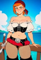 1girls ai ai_assisted ai_generated bandana belt belt_buckle ben_10 blouse boots clear_sky crop_top ginger_female ginger_hair gwen_tennyson ocean pantyhose pirate pirate_girl pirate_ship prussia123 sea sexy sexy_body sexy_clothing sexy_female skirt solo solo_female sword