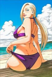 naruto naruto_(series) accurate_art_style accurate_body_type ai_generated official_style manga_style masashi_kishimoto_style line_art soft_shading full_color high_resolution highres 1girls solo solo_focus female_focus female_only light_skin light-skinned_female thin_eyebrows waifu breasts shiny_skin shiny_hair lipstick parted_lips smile teeth teeth_showing clothing swimsuit bikini_top bikini_bottom bare_shoulders looking_at_viewer day outdoors sky blue_sky scenery medium_breasts pulled_by_self clothes_pull bikini_pull nail_polish colored_nails naruto_shippuden ino_yamanaka large_breasts blonde_hair blonde_female blue_eyes no_pupils earrings jewelry hair_over_one_eye long_hair purple_bikini ponytail tied_hair nipple_bulge cleavage makeup pinup red_nails water ocean beach sand ass looking_back adjusting_swimsuit arm_support cloudy_sky cloud horizon low_ponytail aqua_eyes back dimples_of_venus from_behind stud_earrings