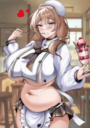 1girl absurdres ahoge apron beret blunt_bangs blush bready_(nikke) breasts brown_eyes brown_hair brown_neckerchief brown_sailor_collar brown_skirt choker commentary cup eating food goddess_of_victory:_nikke hair_ribbon hat highres holding holding_cup holding_food holding_ice_cream holding_spoon huge_breasts ice_cream k_(user_nrtr8253) long_hair looking_at_viewer midriff navel neckerchief parfait plait plump ribbon sailor_collar shirt skirt solo spoon thighs underboob white_apron white_hat white_shirt