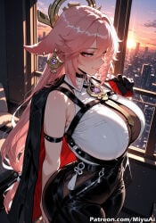 yae_miko genshin_impact zenless_zone_zero evelyn_chevalier_(cosplay) cosplay pink_hair apartment miyuai ai_generated ai_assisted thick_thighs thick_ass thick thick_legs thick_hips thick_butt wide_hips wide_thighs voluptuous voluptuous_female curvy curvy_figure curvaceous curvy_female female breasts 1girl rating:safe long_hair animal_ears jewelry earrings sleeveless solo smile bare_shoulders cityscape gloves blush huge_breasts looking_at_viewer sunset bangs eyebrows_visible_through_hair purple_eyes