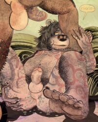 2026 anthro backsack ball_size_difference balls bear begging belly_hair body_hair breasts chest_tattoo duo english_text erect_nipples faceless_character faceless_male feet genitals gynomorph hand_tattoo hi_res imminent_sex intersex leg_tattoo lying male mammal nipples nude_anthro on_back penis penis_size_difference perineum presenting small_breasts solo_focus speech_bubble spread_legs spreading tattoo text thigh_tattoo throatspit trans_(lore) trans_woman_(lore) vein veiny_penis