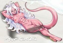 1girls abs android_21 android_21_(good) areola areolae arms_behind_head athletic_female barefoot beach beach_background black_nails blue_eyes calf_muscles commission crossed_arms dragon_ball dragon_ball_fighterz dragon_ball_z eight_pack female female_only fit_female fudo_kokoro_pluto fudoshin jewelry long_hair lying lying_on_back majin_android_21 medium_breasts mosaic_censoring mosaic_censorship muscular_arms muscular_female muscular_legs muscular_thighs naked navel nipples nude open_mouth pink_skin pointy_ears smile smiling smiling_at_viewer smooth_tail solo solo_female solo_focus spiked_hair spiky_hair sweat tail white_hair