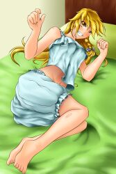 1girls ass bare_shoulders barefoot bed bedroom bedroom_eyes blonde_hair bloomers bow braid camisole child_bearing_hips fang fat_ass feet grin huge_ass large_ass long_hair looking_at_viewer magical_girl magician marisa_kirisame small_breasts smile teeth thicc thicc_thighs thick_thighs toes touhou underwear_only wheelerfortune white_bloomers white_camisole witch yellow_eyes