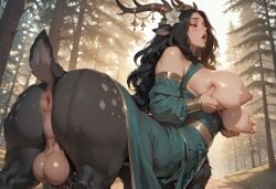 ai_generated latentlust taur centaur deer_girl centauroid lips black_hair wavy_hair parted_hair long_hair deer_ears white_flower hair_flower antlers horn_ornament jewelry gold_jewelry bare_shoulders green_dress sideless_dress detached_sleeves gold_trim black_fur white_fur white_spots large_breasts puffy_nipples open_mouth from_below from_behind breasts_out nipple_play nipple_tweak tweaking_own_nipple grabbing_own_breast narrow_waist torogao blush brown_eyes deer_tail horse_anus puckered_anus horse_penis huge_penis