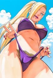 naruto naruto_(series) accurate_art_style accurate_body_type ai_generated official_style manga_style masashi_kishimoto_style line_art soft_shading full_color high_resolution highres 1girls solo solo_focus female_focus female_only light_skin light-skinned_female thin_eyebrows waifu breasts shiny_skin shiny_hair lipstick parted_lips smile teeth teeth_showing clothing swimsuit bikini_top bikini_bottom bare_shoulders standing looking_at_viewer pinup day outdoors sky blue_sky scenery medium_breasts pulled_by_self clothes_pull bikini_pull from_below looking_down_at_viewer nail_polish red_nails colored_nails cowboy_shot thighs adjusting_clothes naruto_shippuden ino_yamanaka large_breasts blonde_hair blonde_female blue_eyes no_pupils pubic_hair excessive_pubic_hair blonde_pubic_hair earrings jewelry hair_over_one_eye long_hair purple_bikini ponytail tied_hair covered_nipples erect_nipples_under_clothes nipple_bulge cleavage pubic_hair_peek makeup foreshortening aqua_eyes