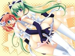 2girls :o akizuki_komari apron aqua_eyes ass ass_grab blue_eyes blue_panties blush breasts dutch_angle elbow_gloves emupii_maid_promotion_master flower garter_belt gloves green_hair grin hair_flower hair_ornament homura_yukine long_hair looking_at_viewer looking_back medium_breasts multiple_girls nearly_naked_apron panties panty_pull pink_panties red_hair ribbon short_hair sideboob smile take_your_pick tamahiyo thighhighs twintails underwear very_long_hair white_thighhighs yuri