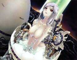 1girls android breasts egg female female_only galge.com happoubi_jin lipstick machine mecha_musume nipples nude oppai red_eyes robot robot_girl solo tattoo wallpaper water wet white_hair wires