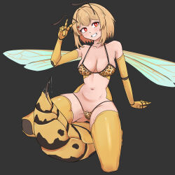 1:1 2026 animal_humanoid animal_print animal_print_bikini antennae_(anatomy) arthropod arthropod_abdomen arthropod_abdomen_genitalia arthropod_humanoid bikini blonde_hair bodily_fluids breasts bugseid clothing exoskeleton female genitals gesture hair hand_gesture hi_res humanoid hymenopteran hymenopteran_humanoid insect insect_humanoid insect_wings leopard_print leopard_print_bikini navel pattern_bikini pattern_clothing pattern_swimwear pubes red_eyes simple_background solo stinger swimwear two-piece_swimsuit v_sign wasp_humanoid wings yellow_body yellow_exoskeleton