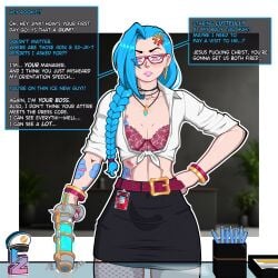 1girls solo solo_female female female_only female_focus clothed_female captain_zaddy pov male_pov implied_male_pov viewer_pov hi_res highres absurd_res absurdres inappropriate_behavior english_text english talking_to_viewer jinx_(league_of_legends) league_of_legends riot_games angry angry_face unbuttoned unbuttoned_shirt bra bra_visible visible_bra bullet_necklace glasses freckles freckles_on_face freckles_on_neck hand_on_hip office_clothing office laser_gun fishnet_legwear fishnets belt small_breasts unprofessional_behavior artist_logo skirt black_skirt pink_eyes blue_hair long_hair braided_hair pale_skin pale-skinned_female bracelets bracelet cleavage cleavage_cutout tagme