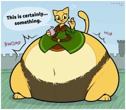 katia_managan the_elder_scrolls khajiit prequel_adventure sadiethetooncat monobutt potion hyper_ass huge_ass huge_belly anthro feline dialogue onomatopoeia partially_clothed yellow_fur brown_fur ass_expansion belly_expansion monobutt_expansion