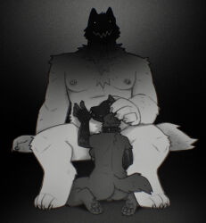 anthro arm_warmers armwear backsack balls bdsm breasts canid canine canis chest_tuft claws clothing collar duo ear_piercing ear_ring face_in_shadow finger_claws fur genitals greyscale gynomorph gynomorph/male hand_on_head hi_res intersex intersex/male kneeling larger_male looking_at_viewer lundi male mammal mask monochrome muscular muscular_anthro muscular_male nipple_piercing nipple_stud nipples nude_anthro nude_male pawpads paws pecs piercing ring_piercing shadow side_boob size_difference smaller_gynomorph smaller_intersex tuft white_body white_fur wolf