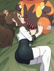 1boy 1girls animal_penis bar_censor black_bodysuit blue_eyes bodysuit boots brown_hair censored chiwino crop_top fellatio furry furry_male furry_with_non-furry highres hilda_(champion)_(pokemon_masters) hilda_(pokemon) interspecies licking licking_penis lying on_side oral penis pig_penis pignite pokemon pokemon_bw pokemon_masters pokephilia ponytail thigh_boots white_boots