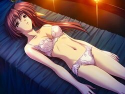 1girls 4:3 andou_tomoya bed bed_sheet bra brown_eyes brown_hair censored empty_eyes female female_only game_cg haitoku_no_gakuen half-dressed kawamura_izumi long_hair lying mosaic_censoring on_back panties solo underwear