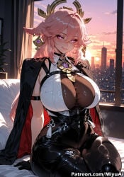 glowing_eyes yae_miko genshin_impact zenless_zone_zero evelyn_chevalier_(cosplay) cosplay pink_hair apartment miyuai ai_generated ai_assisted thick_thighs thick_ass thick thick_legs thick_hips thick_butt wide_hips wide_thighs voluptuous voluptuous_female curvy curvy_figure curvaceous curvy_female female 1girl breasts sitting rating:safe smile looking_at_viewer solo jacket_on_shoulders purple_eyes huge_breasts black_legwear blush bangs eyebrows_visible_through_hair jewelry gloves