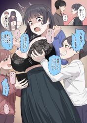 1girl 3boys absurdres age_difference black_bra black_hair bra breasts brown_eyes brown_hair closed_eyes commentary_request grabbing_another's_breast green_eyes grey_skirt groping hanging_breasts highres holding holding_phone large_breasts long_hair long_skirt motion_lines multiple_boys nipples onee-shota open_mouth original orinze phone sex skirt smile speech_bubble sweat tearing_up translation_request underwear
