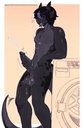 abs absurd_res anthro appliance balls black_body_markings black_hair black_sclera blue_eyes bodily_fluids breath cum cumshot dragon ejaculation genital_fluids genitals grey_body hair hi_res highlights_(coloring) horn hyde_(terragante.exe) laundry_machine male masturbation mythological_creature mythological_scalie mythology nipples panting pecs penis purple_highlights scalie solo stroking_penis sweat sweatdrop tail tail_motion tailwag thericegoat throbbing throbbing_penis twitching twunk washing_machine