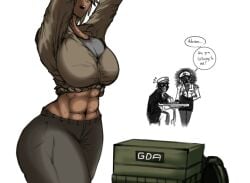 abs advisor_(tdx) background_characters big_breasts breasts cat_girl_juggernaut_(tdx) clothed clothing dialogue english_text general_leah_(tdx) ggez2341 juggernaut_(tdx) midriff muscular muscular_female roblox roblox_game robloxian speech_bubble tagme text thick_thighs thighs tower_defense_x