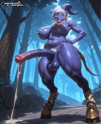 ai_generated silvergilver highres high_resolution high_quality world_of_warcraft draenei draenei_futa heroes_of_the_storm yrel 1girls 1girl 1futa futanari futa_only solo solo_focus solo_female solo_futa dickgirl horsecock horse_penis horsecock_futa tail purple_body purple_skin blue_body blue_skin standing curvy voluptuous voluptuous_female voluptuous_futa curvy_figure curvaceous wide_hips thick_thighs sweat sweating sweaty forest outdoors outside big_breasts big_penis big_balls equine_penis equine_genitalia cum cumdrip cum_drip hands_on_hips nipple_piercing chubby digitigrade hooves anthro white_hair blue_eyes glowing_eyes blush smirk seductive pointy_ears horns erection short_hair low-angle_view dutch_angle muscular muscular_thighs navel armpit_hair pubic_hair pubes