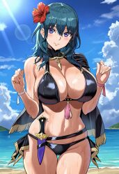 byleth_(fire_emblem)_(female) byleth_(summer)_(fire_emblem)_(female) bikini huge_breasts looking_at_viewer beach flower_in_hair smile fire_emblem fire_emblem:_three_houses fire_emblem_heroes ai_generated ai_assisted smashall capelet dagger tassel