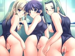 3girls arise_mayu ass atelier_kaguya blonde_hair blue_eyes blue_one-piece_swimsuit breasts breasts_out censored game_cg glasses green_eyes green_hair hitozuma_cosplay_kissa_2 itou_shino large_breasts long_hair looking_back m&m_(mickey_and_mackey) mizugi multiple_girls nipples one-piece_swimsuit purple_hair pussy saionji_lisa short_hair small_breasts smile