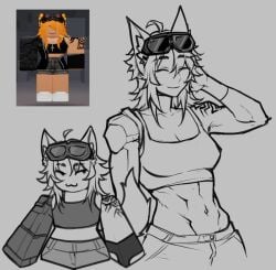 1girl 1girls bra breasts cat_ears cleavage clothing female female_only gloves goggles marblechii midriff muscular muscular_female reference_image roblox roblox_avatar robloxian robotic_arm short_hair shorts solo stomach tagme