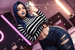 1girls 3d 3d_(artwork) ai_generated bare_midriff big_ass big_breasts blue_hair busty goth goth_girl goth_mommy jeans joan_(oc) lipstick midriff radnsad ripped_jeans ripped_pants skin_tight skinny_jeans solo solo_female solo_focus striped_sweater thick_ass thick_thighs toned toned_body toned_female torn_jeans torn_pants
