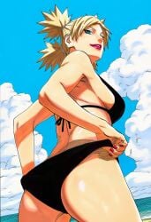 naruto naruto_(series) naruto_shippuden temari accurate_art_style accurate_body_type ai_generated official_style manga_style masashi_kishimoto_style soft_shading full_color high_resolution highres 1girls solo solo_focus female_focus female_only light_skin line_art light-skinned_female blonde_hair blonde_female tied_hair thin_eyebrows waifu breasts large_breasts sideboob shiny_skin shiny_hair lipstick red_lipstick parted_lips smile seductive seductive_look clothing swimsuit bikini bikini_top bikini_bottom bare_shoulders back adjusting_clothes adjusting_swimsuit pulling_clothing clothing_pull bikini_pull pulled_by_self standing from_below low-angle_view looking_at_viewer looking_down looking_down_at_viewer looking_back day outdoors sky blue_sky cloud scenery water ocean beach sand nail_polish colored_nails red_nails black_bikini from_behind green_eyes quad_tails ass ass_focus foreshortening pinup