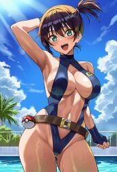 misty_(pokemon) pokemon:_the_electric_tale_of_pikachu pokemon center_opening swimsuit large_breasts aged_up poolside ai_generated ai_assisted smashall