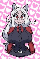 1girls 2026 alternate_breast_size animal_ears animal_humanoid belt big_breasts black_clothing blazer breasts business_suit business_woman busty canine canine_humanoid cerberus_(helltaker) cleavage clothed clothed_female clothing cowboy_shot curvaceous curvy demon demon_girl demon_humanoid dog dog_ears dog_girl dress_shirt female front_view fully_clothed grey_body grey_skin hair heart_background helltaker hi_res hourglass_figure huge_breasts humanoid large_breasts long_hair looking_at_viewer mammal mammal_humanoid necktie parallaxfused parted_bangs pink_background red_clothing red_eyes smile smiling smiling_at_viewer solo standing tied_hair white_hair wide_hips