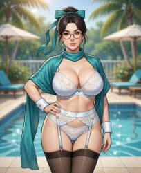 1girls ai_assisted ai_generated belly_button_visible_through_clothing black_hair black_outline blurry_background bra cleavage eyelashes female fence garter_straps gemini glasses grok hair_bun hair_ribbon hair_strand hand_on_hip hourglass_figure lace_trim large_breasts light-skinned_female lingerie looking_at_viewer lounge_chair midriff milf mommy narrow_waist one_hand_on_hip palm_tree panties poolside rgomez007 satin seductive_look self_upload shawl silk_clothing solo_female standing stockings swimming_pool thick_outline thick_thighs tied_hair updo voluptuous white_lingerie wide_hips wrist_cuffs