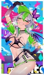 1girls belly belly_button bikini black_bikini black_gloves breasts checkered_clothes demon_girl demon_horns demon_wings eyeshadow female fit fit_female flag froot gloves green_eyes green_hair grey_hair hair_ornament highleg highleg_bikini highres horn_piercing horns indie_virtual_youtuber looking_at_viewer makeup medium_hair miniskirt multicolored_hair multiple_horns navel pale-skinned_female pale_skin purple_eyeshadow purple_horns purple_wings race_queen see-through_clothes shrug_(clothing) sideboob single_thighhigh skirt smile solo stomach streaked_hair swimsuit thighhighs thighs tummy underboob virtual_youtuber vtuber white_shrug wings x_hair_ornament contrapposto big_breasts large_breasts open_mouth teeth tongue blush hand_on_hip headwear cap hand_on_headwear horns_through_headwear naughty_face clenched_teeth arched_back blurry_background petite petite_body petite_female