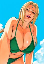 1girls accurate_art_style ai_generated arm_at_side bare_shoulders belly_button bikini bikini_bottom blonde_female blonde_hair blue_sky breasts brown_eyes busty cleavage clothing cloud collarbone covered_nipples day facial_mark female_focus female_only forehead_jewel forehead_mark from_below full_color green_bikini hanging_breasts high_resolution highres huge_breasts large_breasts leaning_forward light-skinned_female light_skin line_art lipstick long_hair looking_at_viewer looking_down looking_down_at_viewer low-angle_view manga_style masashi_kishimoto_style mature_female midriff naruto naruto_(series) naruto_shippuden navel nipple_bulge official_style open_mouth orange_eyes outdoors parted_lips pinup red_lipstick seductive seductive_look shiny_hair shiny_skin short_eyebrows sky smile soft_shading solo solo_focus swimsuit teeth teeth_showing tsunade twintails upper_teeth upper_teeth_only voluptuous voluptuous_female waifu