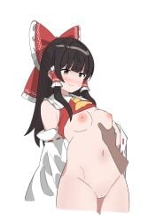 1boy 1girl ascot bar_censor blush bottomless bow breasts brown_eyes brown_hair cekocn! censored cleft_of_venus closed_mouth clothes_lift commentary_request dated detached_sleeves frilled_bow frilled_hair_tubes frills grabbing_another's_breast groping hair_bow hair_tubes hakurei_reimu highres long_hair medium_breasts nipples no_bra pussy red_bow ribbon-trimmed_sleeves ribbon_trim shirt_lift solo_focus sweat touhou yellow_ascot