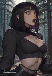 ai_generated black_crop_top black_eyeliner black_eyeshadow black_hair black_lips black_pants blush breasts_out crop_top crying deepthroat drooling eyeshadow fellatio female_masturbation fingering fingering_self fingering_through_clothes fishnet_legwear fishnet_pantyhose from_below goth_fashion goth_girl heavy_breathing horse_penis huge_penis interspecies large_balls latentlust long_sleeves nipple_piercing puffy_nipples purple_eyes pussy_juice pussy_juice_drip pussy_juice_stain pussy_juice_trail rolling_eyes saliva saliva_trail squatting squeezing_balls thick_thighs throat_bulge tight_pants tongue_out