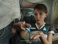 1boy 1boy1girl 1girls 2026 3d 3d_(artwork) android balls blue_eyes brown_hair detroit:_become_human duo english_text female femsub flat_chest hand_on_another's_head handjob hetero human human_dominating human_dominating_humanoid humanoid kara_(detroit:_become_human) male maledom master_and_servant penis penis_out quick_e robot robot_girl servant short_hair tagme text todd_williams
