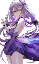 1girl alternate_costume armwear ass ass_visible_through_clothes back backless_dress backless_outfit bare_shoulders beautiful big_ass big_breasts blush blushing bow breasts bug butterfly castorice_(gossamer_flutter)_(honkai:_star_rail) castorice_(honkai:_star_rail) closed_mouth commentary_request cowboy_shot dress earrings elbow_gloves elf_ears female female_focus female_only from_behind from_side goddess gorgeous hair_between_eyes hair_intakes hair_ornament hand_up highres holding_dress honkai:_star_rail honkai_(series) huge_ass huge_breasts inner_sideboob insect jewelry large_breasts lipstick long_hair looking_at_viewer looking_back looking_to_the_side mommy official_alternate_costume pointy_ears purple_butterfly purple_dress purple_eyes purple_hair shoulder_blades shy sideboob sitting smile solo thick_ass thick_thighs thighs turning_head viewed_from_behind white_background white_hair wo_jiushi_kanbudong