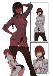 1girl absurdres arm_behind_head arms_behind_back bikini bikini_bottom_only black_bikini black_panties black_pants braid braided_ponytail breasts chainsaw_man cleavage collarbone collared_shirt commentary covered_erect_nipples hand_on_own_hip highres long_hair long_sleeves looking_at_viewer makima_(chainsaw_man) medium_breasts multiple_views no_bra panties pants pants_around_thighs partially_unbuttoned pcharlesart red_hair ringed_eyes shirt side-tie_bikini_bottom simple_background sleeves_rolled_up swimsuit topless_female underwear white_background white_shirt yellow_eyes 1girls charlesart
