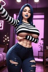 1girls joan_(oc) blue_hair lipstick striped_sweater busty big_breasts thick_thighs thick_ass big_ass toned toned_female toned_body skin_tight bare_midriff midriff 3d 3d_(artwork) ai_generated radnsad solo solo_focus solo_female skinny_jeans jeans torn_pants torn_jeans ripped_pants ripped_jeans underboob goth goth_girl goth_mommy