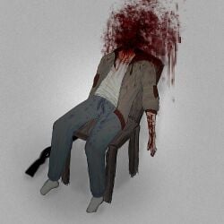 1boy andzho bleeding blood blood_splatter blue_pants boyfriend_to_death censored chair commentary death grey_jacket gun guro headless highres jacket lawrence_oleander leaning_back male_focus mosaic_censoring pants self-harm shirt shotgun socks solo suicide untranslatable_commentary weapon white_shirt white_socks wrist_cutting