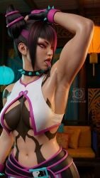 ai ai_generated arm_up armpits aveen_lie capcom chinese_architecture close-up high_res high_resolution indoors juri_han lantern looking_at_viewer saliva saliva_on_tongue street_fighter street_fighter_6 sweaty sweaty_body sweaty_skin tongue_out tongue_webbing underarm armpit_licking