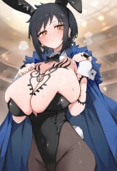 1girl ai ai_assisted ai_generated big_breasts black_hair black_suit black_tie blue_cloak bow_tie bunny_ears bunny_girl bunny_tail bunnysuit canon_genderswap cloak earrings female female_only fluffy genderswap_(mtf) huge_breasts huge_thighs ishin one_piece orange_eyes short_hair suit tattoo thighs tights trafalgar_law trafalgar_law_(female)