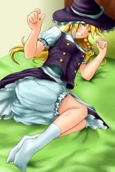 1girls apron ass bed bedroom bedroom_eyes black_dress blonde_hair bloomers bow braid child_bearing_hips fang fat_ass feet grin huge_ass large_ass long_hair looking_at_viewer magical_girl magician marisa_kirisame puffy_sleeves small_breasts smile socks teeth thicc thicc_thighs thick_thighs toes touhou wheelerfortune white_bloomers white_shirt white_socks witch witch_hat yellow_eyes