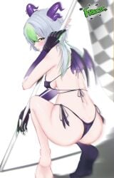 1girls 2d ass back back_view bare_back barefoot behind_view big_ass bikini bikini_bottom bikini_top blush breasts checkered_flag covered_nipples elbow_gloves erect_nipples feet female female_only flag from_behind froot gloves green_eyes green_hair grey_hair hair hair_on_shoulders heart-shaped_pupils hips holding_flag holding_object horn_piercing horns indie_virtual_youtuber leaning_forward looking_at_viewer looking_back medium_breasts multicolored_hair nervous open_mouth pale-skinned_female pale_skin pointy_ears race_queen short_hair sideboob single_thighhigh skin_fang slim_waist solo squatting text thighhighs virtual_youtuber vtuber waist wide_hips wings wolf_cut