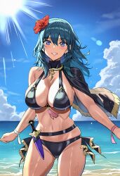 ai_assisted ai_generated beach bikini byleth_(fire_emblem)_(female) byleth_(summer)_(fire_emblem)_(female) capelet dagger fire_emblem fire_emblem:_three_houses fire_emblem_heroes flower_in_hair huge_breasts looking_at_viewer smashall smile tassel