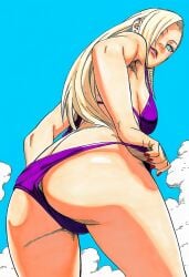 1girls accurate_art_style accurate_body_type adjusting_swimsuit ai_generated aqua_eyes ass ass_focus back bare_shoulders beach bikini_bottom bikini_pull bikini_top blonde_female blonde_hair blue_eyes blue_sky breasts butt_crack clothes_pull clothing cloud cloudy_sky colored_nails day earrings female_focus female_only foreshortening from_behind full_color hair_over_one_eye high_resolution highres ino_yamanaka jewelry large_breasts light-skinned_female light_skin line_art lips lipstick long_hair looking_at_viewer looking_back looking_down low-angle_view makeup manga_style masashi_kishimoto_style medium_breasts nail_polish naruto naruto_(series) naruto_shippuden no_pupils ocean official_style outdoors parted_lips pulled_by_self purple_bikini red_nails sand scenery shiny_hair shiny_skin sideboob sky smile soft_shading solo solo_focus stud_earrings swimsuit teeth teeth_showing thighs thin_eyebrows waifu water