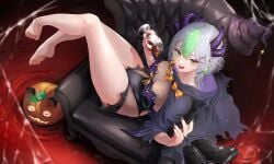 1girl 1girls bare_legs barefoot big_breasts black_cape black_leotard black_nails breasts cape cleavage cup demon_girl demon_horns drinking_glass feet female froot green_eyes green_hair hair_ornament halloween highres hitsuji_(sheepsb22) holding holding_cup horns indie_virtual_youtuber large_breasts leotard looking_at_viewer medium_breasts mole mole_on_breast multicolored_hair multiple_horns nail_polish narrow_waist pale-skinned_female pale_skin pointy_ears pouring pouring_onto_self short_hair slim_waist smile soles solo streaked_hair thick_thighs thighs virtual_youtuber vtuber waist wine_glass x_hair_ornament